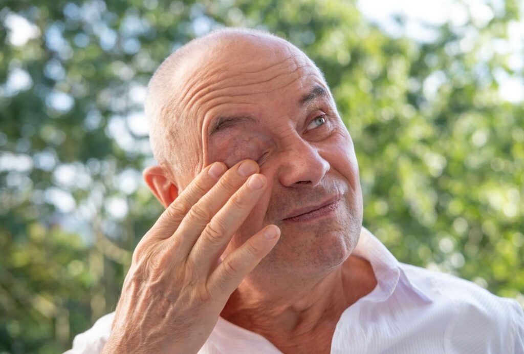 An older man rubbing his eyes because of blurry vision caused by glaucoma.