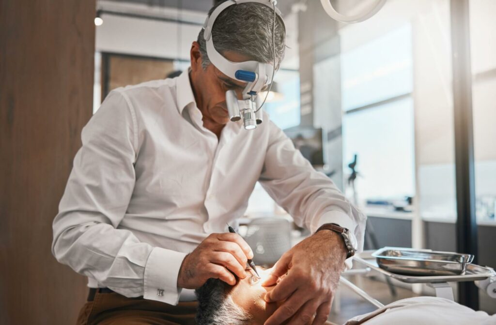 An eye doctor using a magnifying headlamp to examine a patient's eyes in a clinic, demonstrating a cataract evaluation.