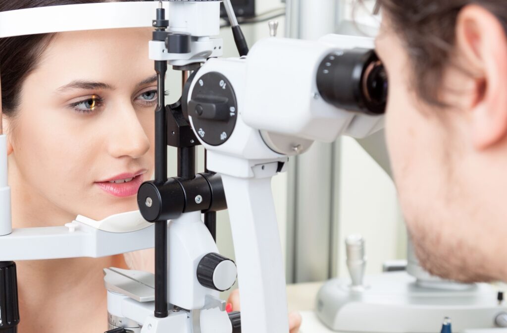 A patient undergoes an eye exam.