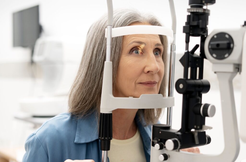 A senior woman having a senior eye exam with a slit lamp machine at an optometrist’s office.