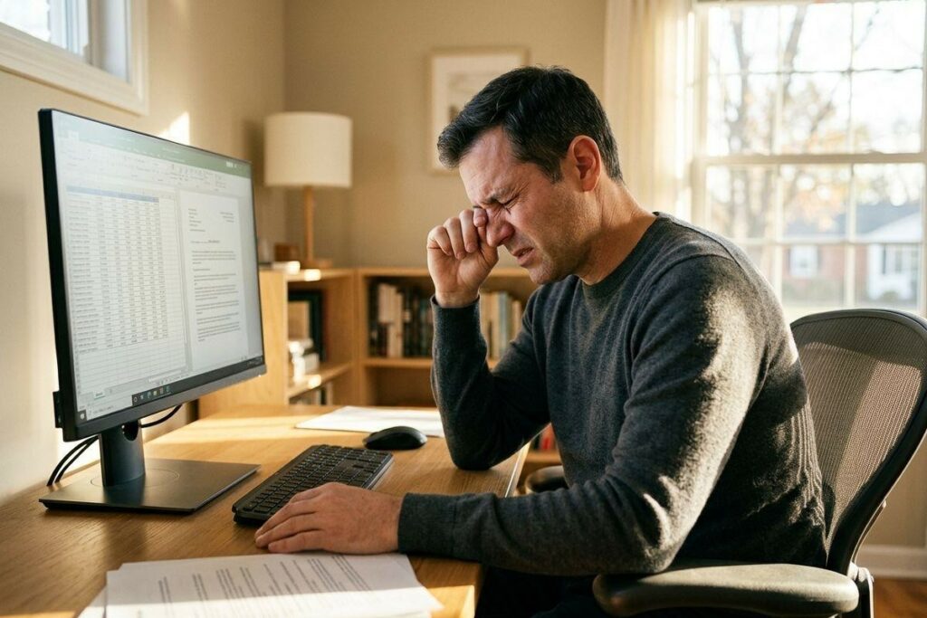 A middle-aged man sitting at his desk in a home office, rubbing his eye with a pained expression while working on a computer screen filled with spreadsheet data, indicating symptoms of digital eye strain or computer vision syndrome.