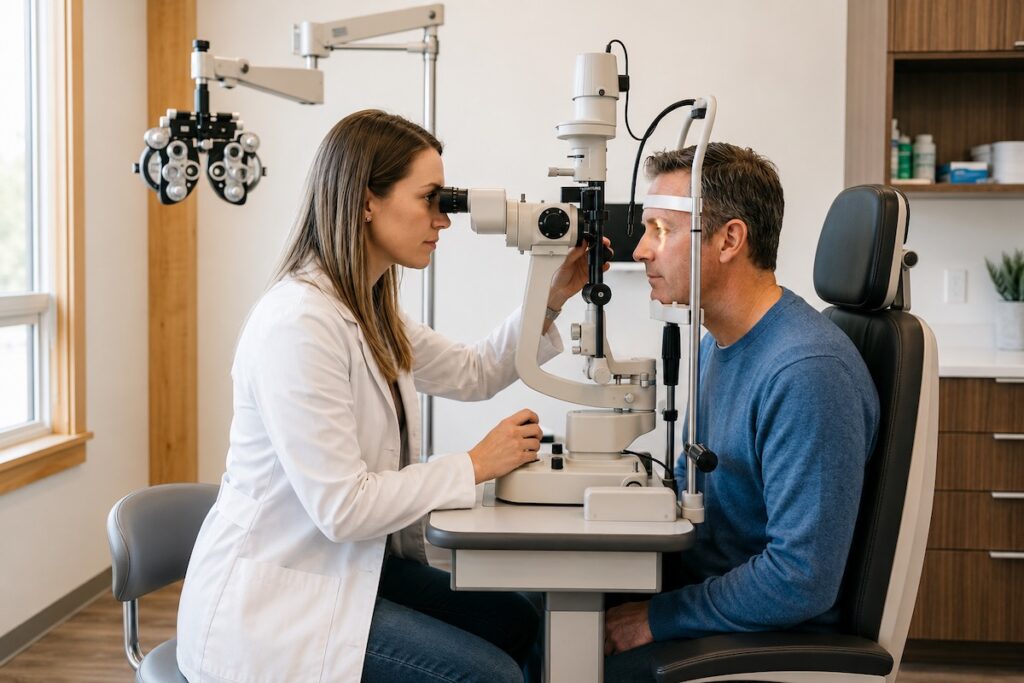 Optometrist using a slit lamp to examine a seated adult patient's eye in an eye exam room.