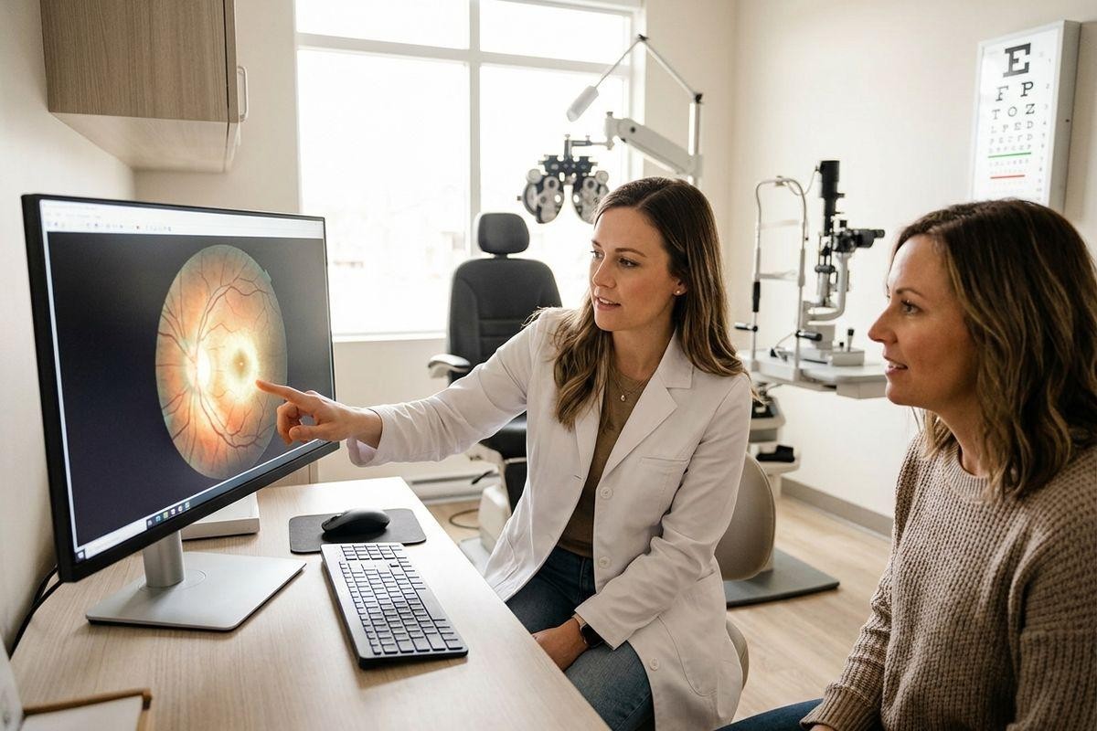 Optometrist pointing at a retinal scan on a monitor while a patient looks on in an eye exam room.