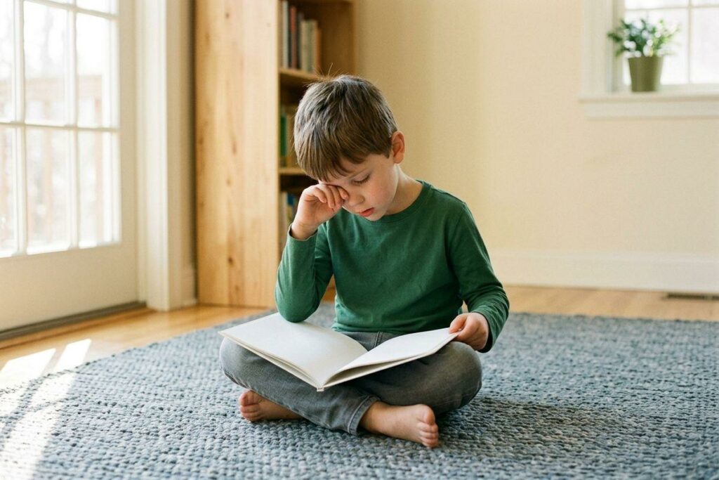 Child sitting cross-legged on a rug reading a book, rubbing one eye.