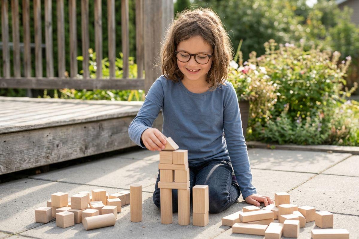 Child with glasses smiling while stacking wooden blocks on a paved patio outdoors.