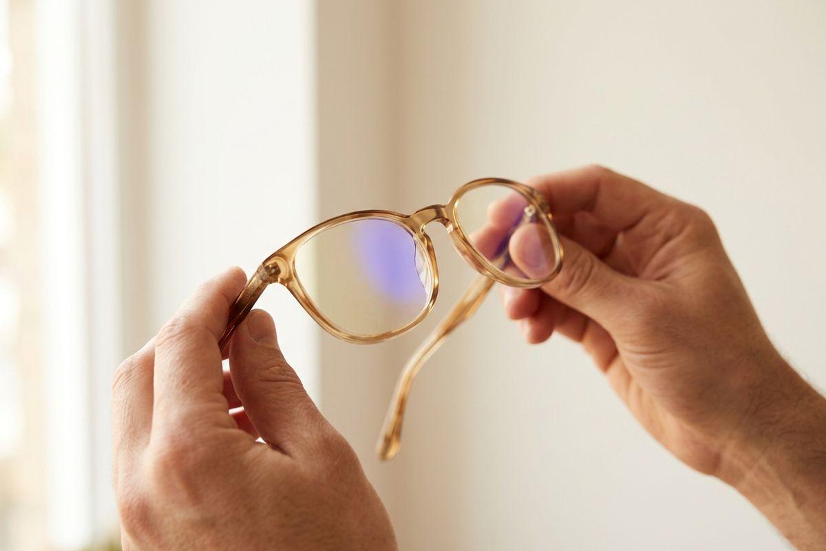 Close-up of two hands holding a pair of clear amber-framed eyeglasses with a blue-violet reflection on the lenses, near a bright window.