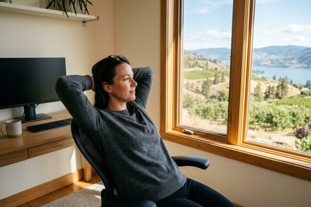 Person leaning back in a desk chair with hands behind head, looking out a window at hills and a lake, beside a monitor and mug.