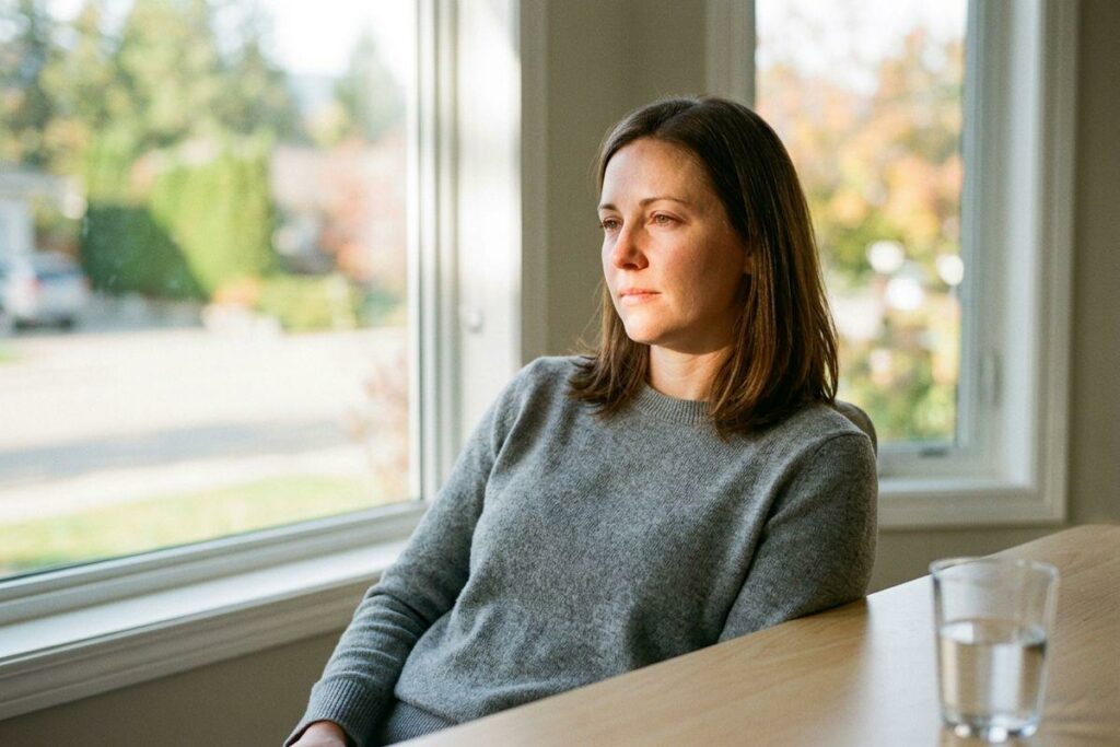 Adult in a grey sweater sits at a wooden table with a glass of water, looking out a sunlit window with a serious expression.