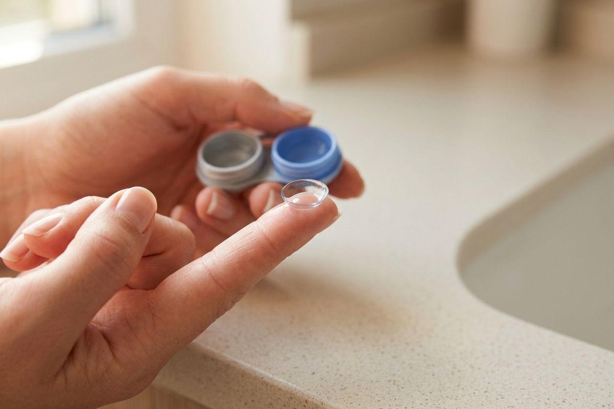 Close-up of hands holding a contact lens on a fingertip and an open blue and grey lens case above a bathroom sink counter.